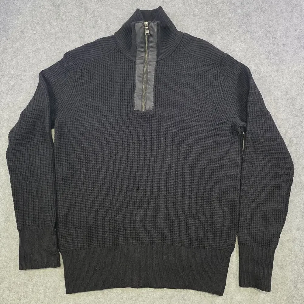 Banana Republic Sweater‎ Mens Large Black 1/4 Zip Mock Neck Merino Waffle Knit